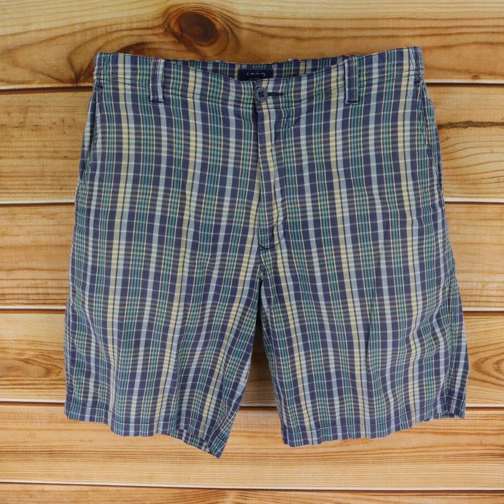 IZOD Casual Shorts Mens Size 36 Blue Green‎ Brown Plaid 100% Cotton Belt Loops